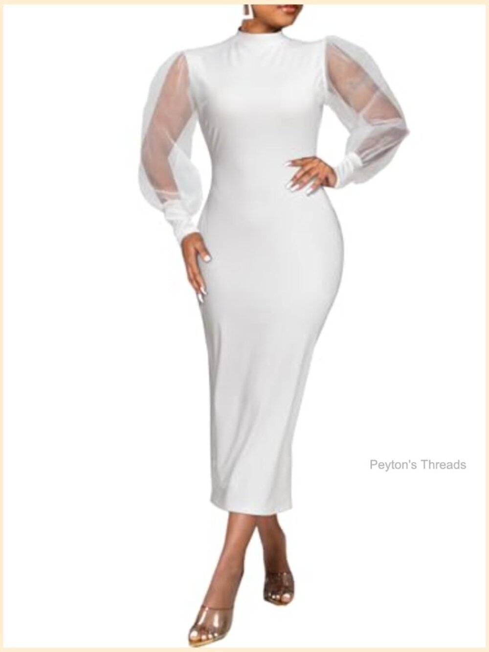 Sheer Mesh Bodycon Midi Dress with Puff Lantern Sleeves and Zipper - Picture 2 of 7